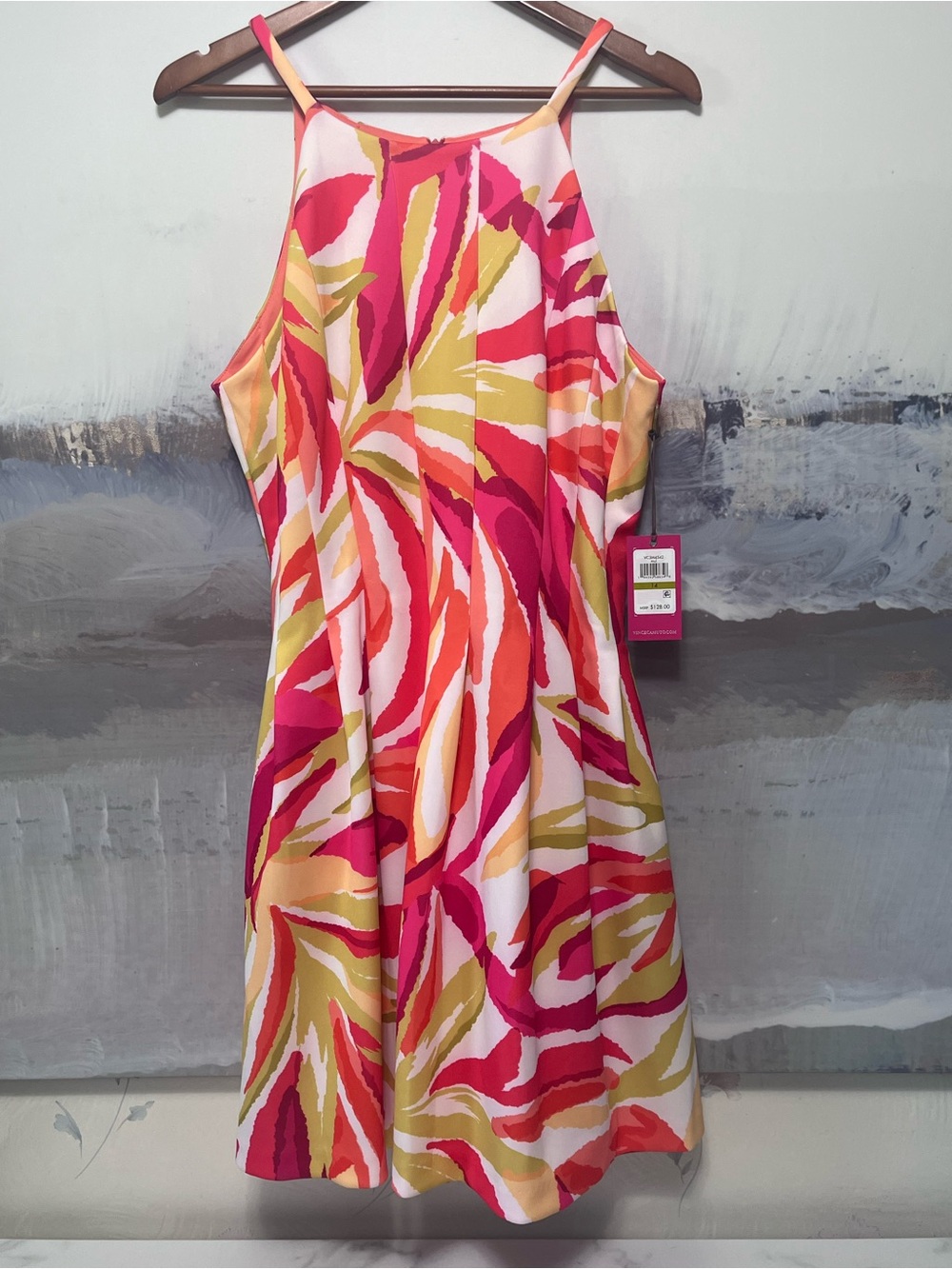 Vince Camuto NWT Tropical Abstract Leaf Halter Fit & Flare Scuba Dress Size 14
